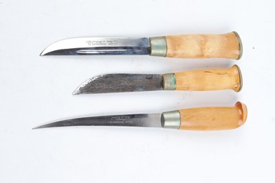 Lot 1129 - Three Finnish-made hunting knives with varying...