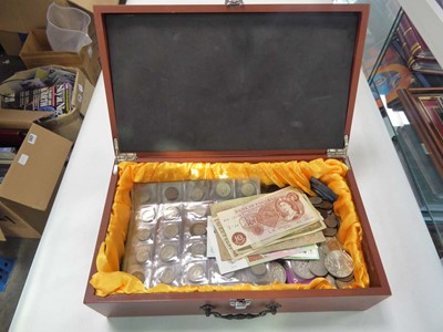 Lot 2382 - Wooden box containing world coins, bank notes etc