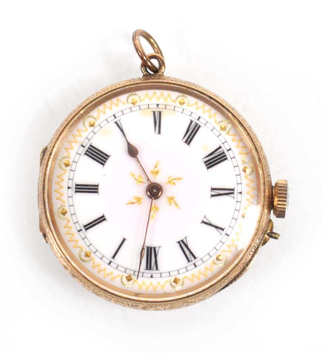 Lot 458 - A 14ct yellow gold open face fob watch, the...