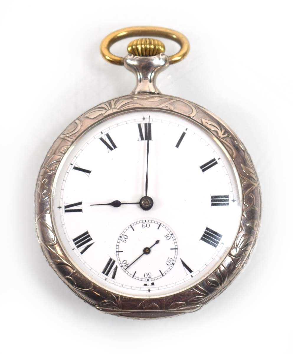 Lot 454 - A silver open face pocket watch, the white...