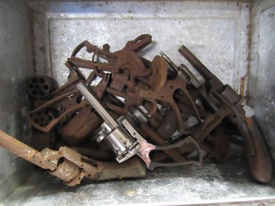 Lot 1685 - Metal box of assorted pinfire revolver parts...