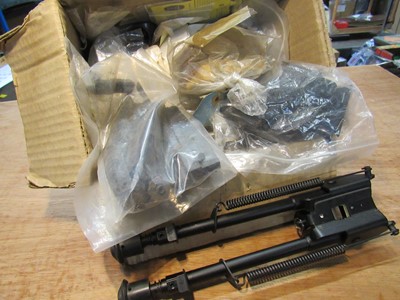 Lot 1158 - Box of BSA and other airgun parts, and a bipod