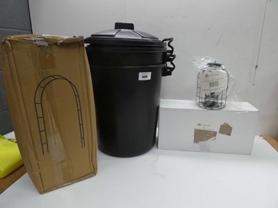 Lot 3526 - 2 Heavy duty clip lock bins, garden arch and 3...