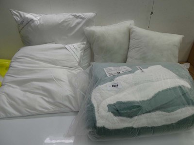 Lot 3533 - Large throw, 2 duck feather cushion pads and 2...