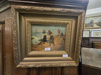 Lot 35 - An ornate gilt framed and glazed oil of ladies...