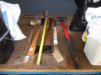 Lot 4054 - Assortment of tools to include, 3 large axes,...