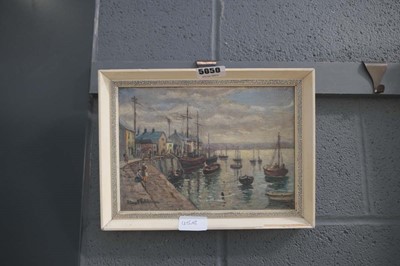 Lot 5050 - Oil on board: harbour scene with moored boats