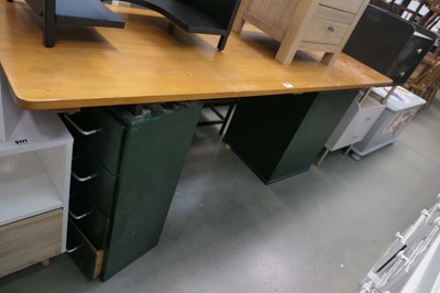 Lot 5188 - Pine topped twin pedestal desk and pair of...