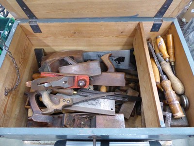 Lot 4383 - Large wooden toolbox with assortment of tools...