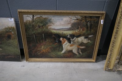 Lot 5028 - Oil on canvas, Spaniels and flying pheasant,...