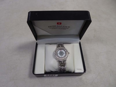 Lot 2387 - Swiss balance jewelled watch with white face,...