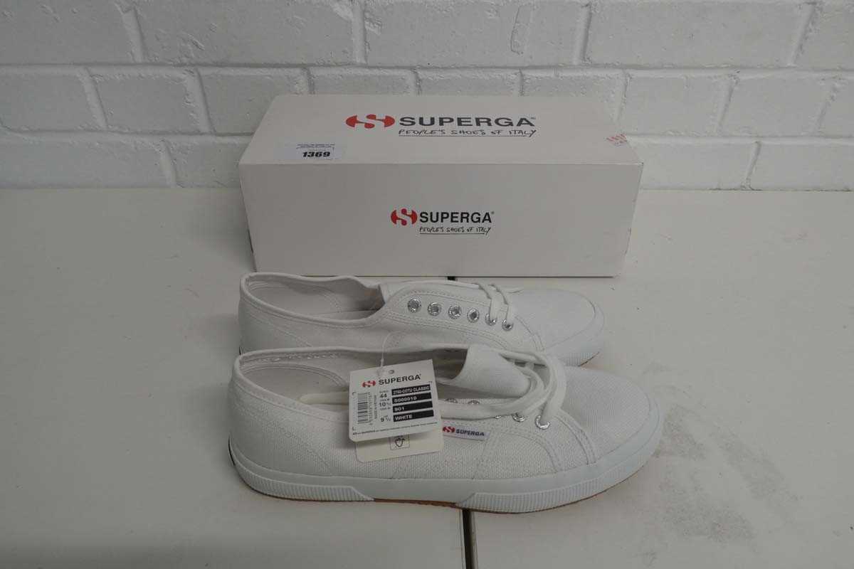 Lot 1369 - Boxed pair of Superga shoes in white size UK 9...