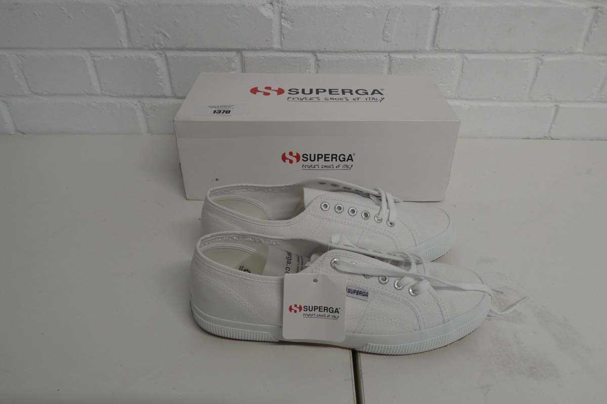 Lot 1370 - Boxed pair of Superga shoes in white size UK 9...