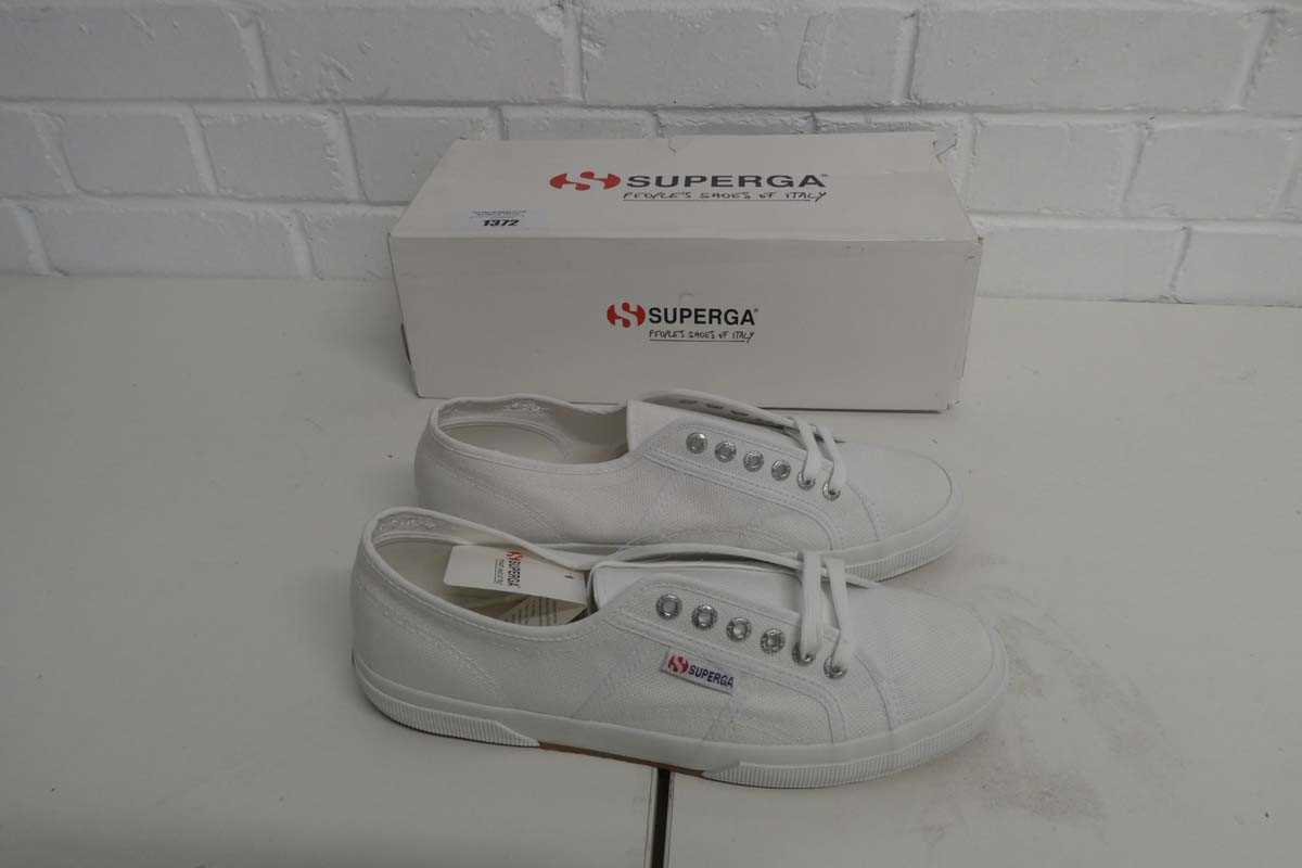 Lot 1372 - Boxed pair of Superga shoes in white size UK 9...