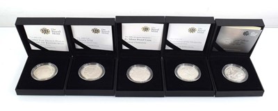 Lot 408 - Five Royal Mint silver proof £5 coins: 2008...