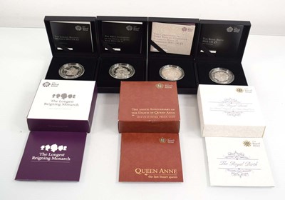 Lot 409 - Four Royal Mint silver proof £5 coins: 2014...