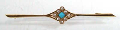 Lot 532 - A 15ct yellow gold bar brooch set a turquoise...