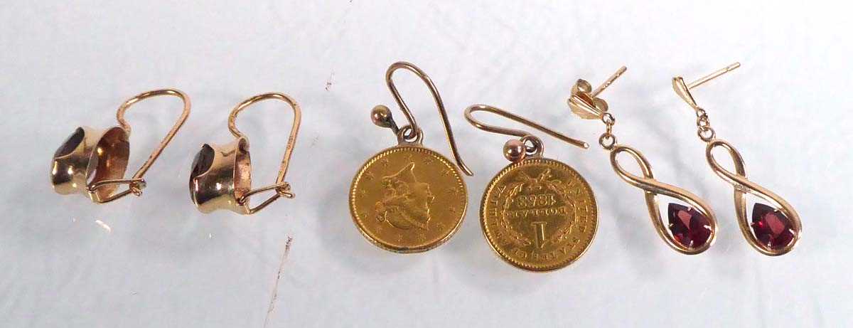 Lot 536 - Three pairs of yellow metal ear pendants...