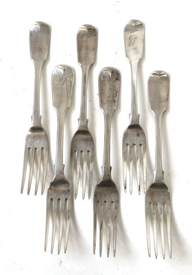 Lot 410 - A set of six Victorian silver table forks....