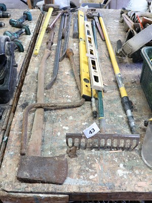 Lot 43 - Various hand tools to include 4x pry bars,...