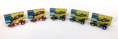 Lot 314 - A group of five Corgi Toys racing cars...