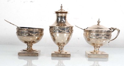 Lot 368 - A silver three piece condiment set of urn...