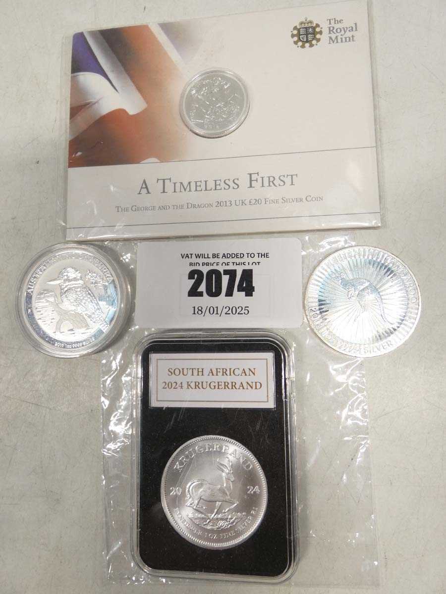 Lot 2074 - Four .999 Silver coins; 2024 1oz Krugerrand,...