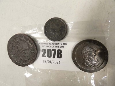 Lot 2078 - 3x copper coins; 1766 Kopek, 1848 US large...