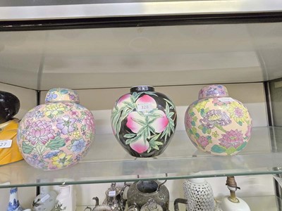 Lot 328 - Two pink ground oriental style ginger jars...