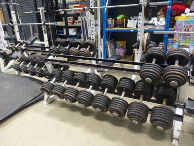 Lot 11 pairs of heavy commercial dumbbells plus 2...