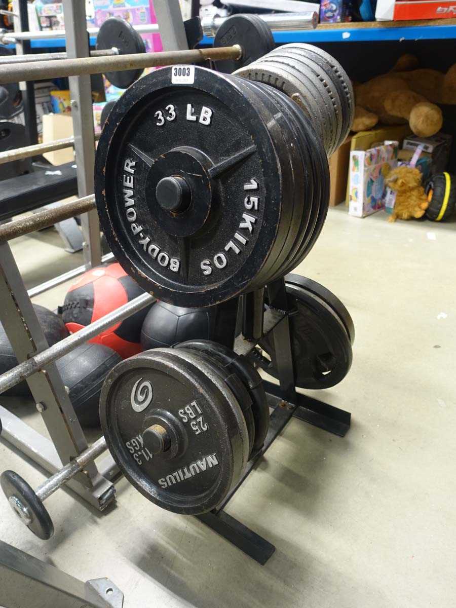 Lot 3003 - Weight rack plus weights to include: 6x 5kg...