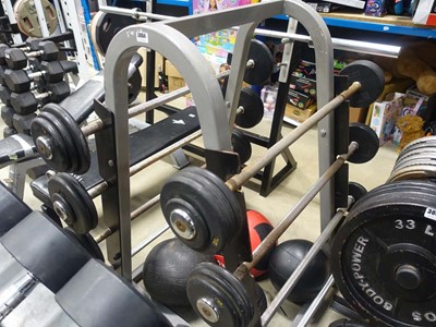 Lot 3004 - Bar bell rack plus bar bells: 10kg, 12.5kg,...