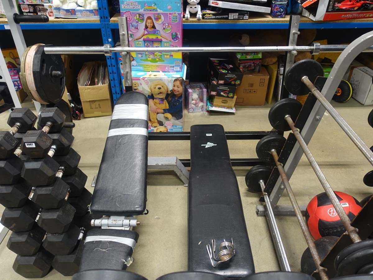 Lot 3006 - Power Fitness flat bench and Olympic bar plus...