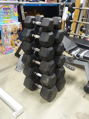 Lot 3007 - 6 pairs of hexagon dumbbells: pair of 8kg,...