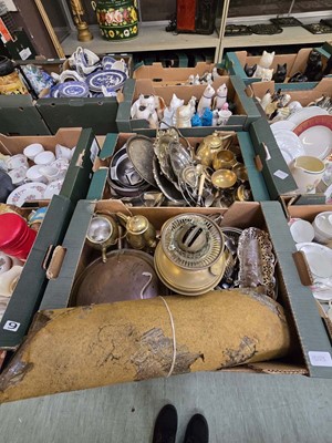 Lot 470 - Two trays of metalware to include plated, ware,...