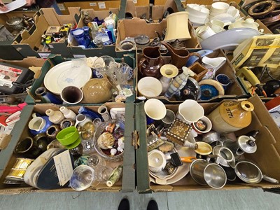 Lot 475 - Four trays of ceramic, glass, and metalware to...