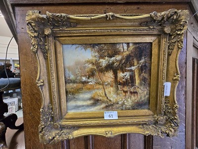 Lot 61 - An ornate gilt framed oil on board of deer in...