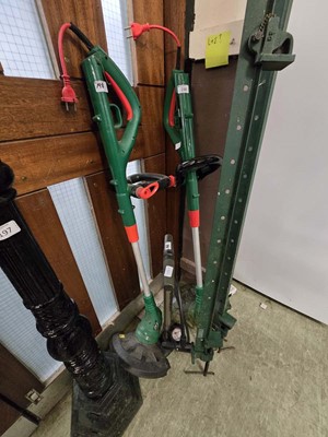 Lot 198 - Two electric strimmers together with a tyre pump