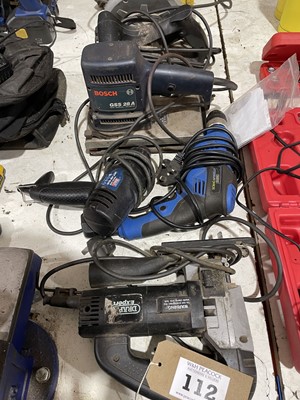 Lot 112 - Various corded tools including jigsaw, sander,...