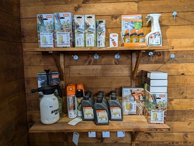 Lot 363 - 2 shelves of Stihl maintenance and care...