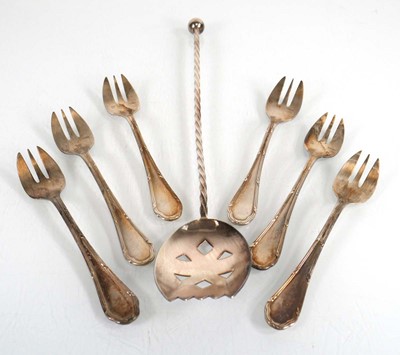 Lot 390 - A set of six French cake forks with beaded and...