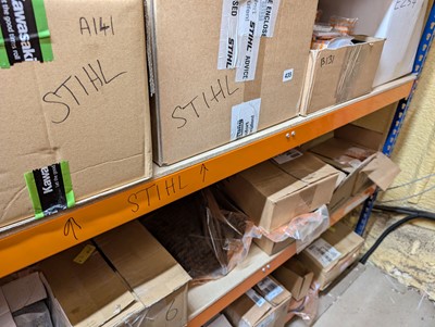 Lot 435 - Three shelves of Stihl spare parts