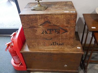 Lot 1202 - Stained pine trunk with vintage tea chest