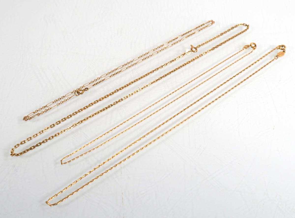 Lot 754 - Four 9ct yellow gold finelink necklaces, max l....