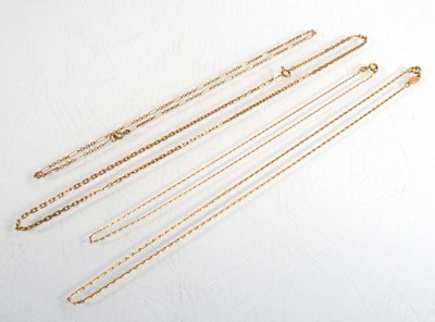 Lot 754 - Four 9ct yellow gold finelink necklaces, max l....