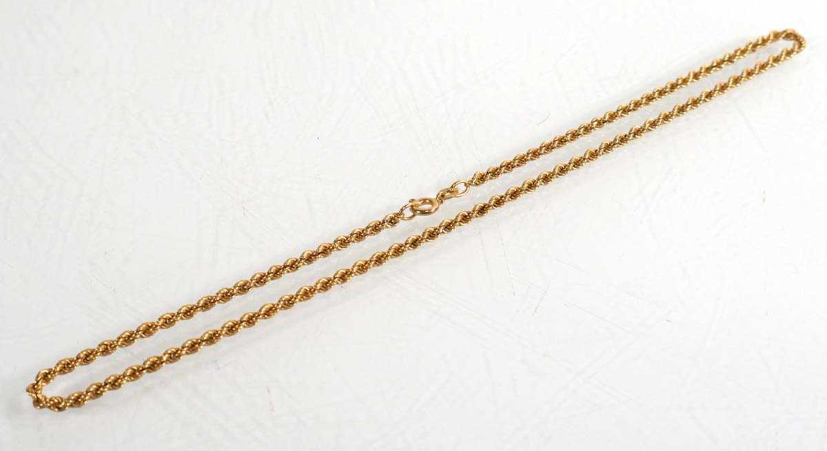 Lot 755 - A 9ct yellow gold ropetwist necklace, l. 37 cm,...