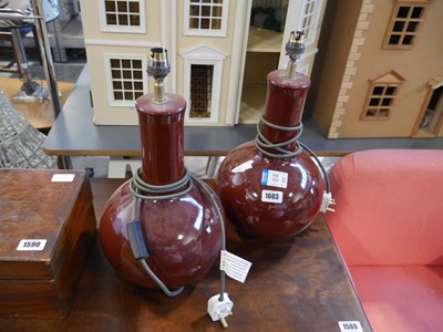 Lot 1603 - Modern pair of brown glazed globular table...