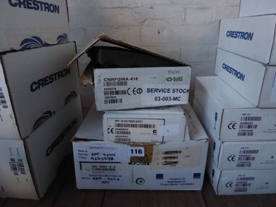 Lot 116 - Three boxes including Crestron CEN1DOCV power...