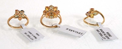 Lot 855 - Three 9ct yellow gold cluster rings, each set...