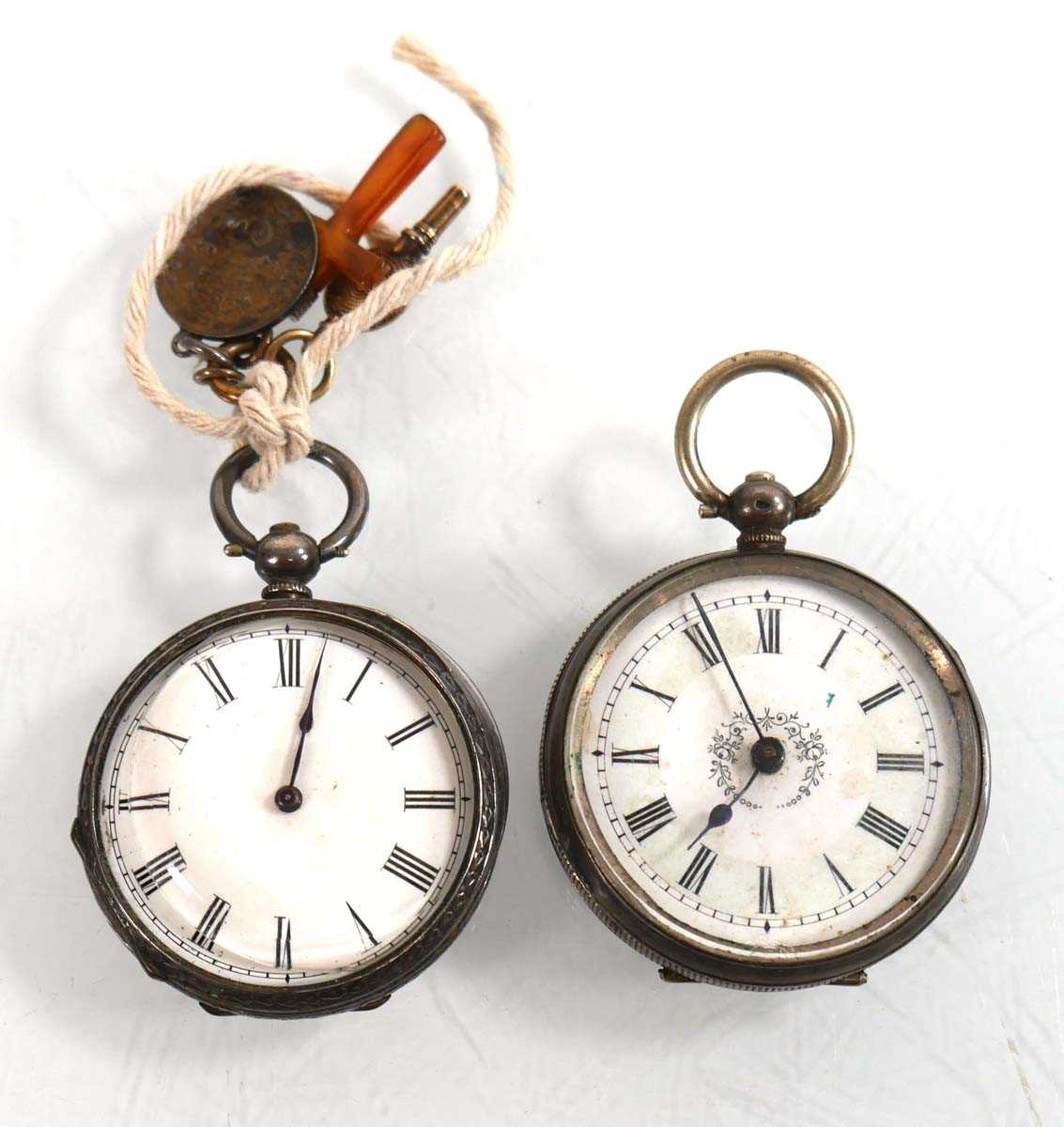 Lot 463 - Two silver open face fob watches, max d. 3.8...